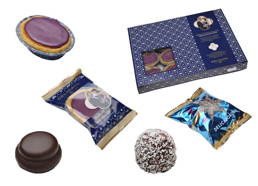 Produktfotografering av produktbilder (mazariner, chokladbollar, förpackningar etc) för Delicato bakverk. Fotograf Stefan Tell