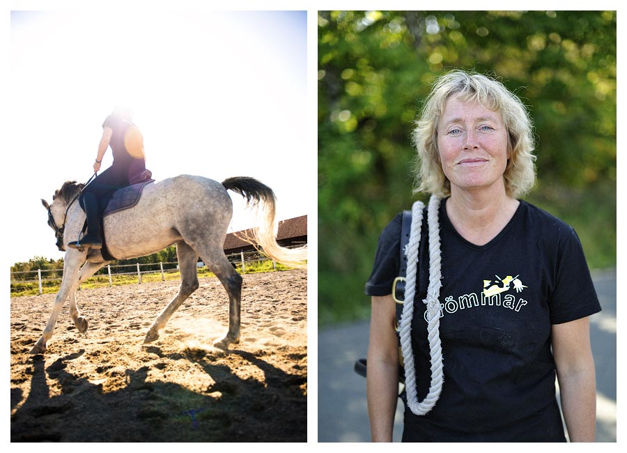 Författarporträtt Pia Hagmar, fotografering utomhus bland hästar
